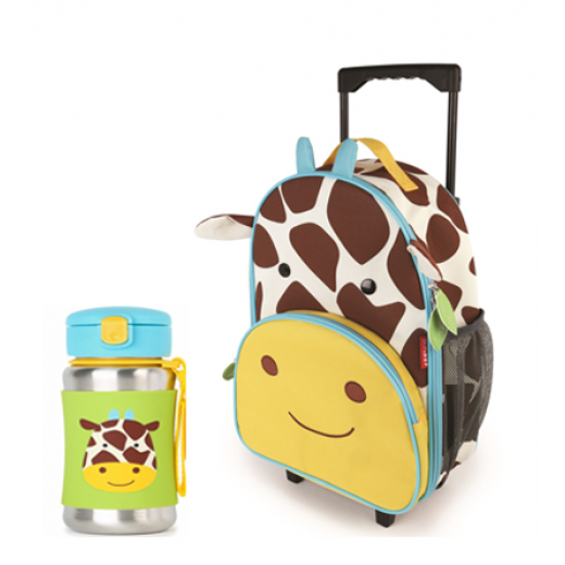 Skip Hop Zoo Rolling  Backpack & Stainless Steel Straw Bottle -Giraffe
