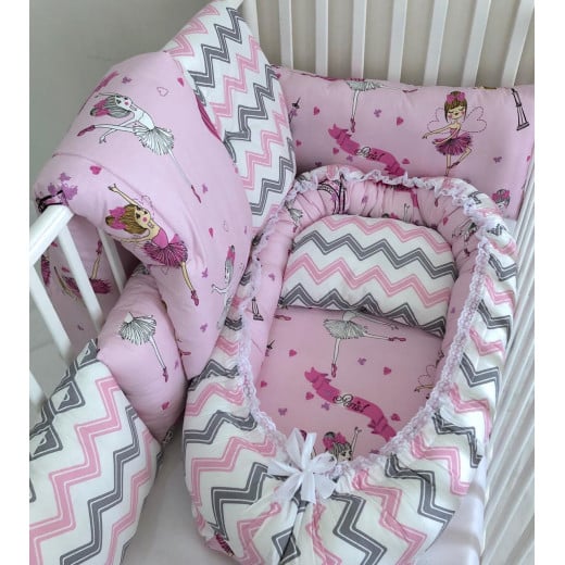 Anett Newborn Baby Bedding Set, Ballerina with Chevron Pattern, Pink & Grey
