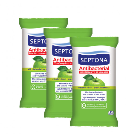 Septona Antibacterial Hand Wipes with Green Apple Fragrance, 15 Pieces X3 Packs