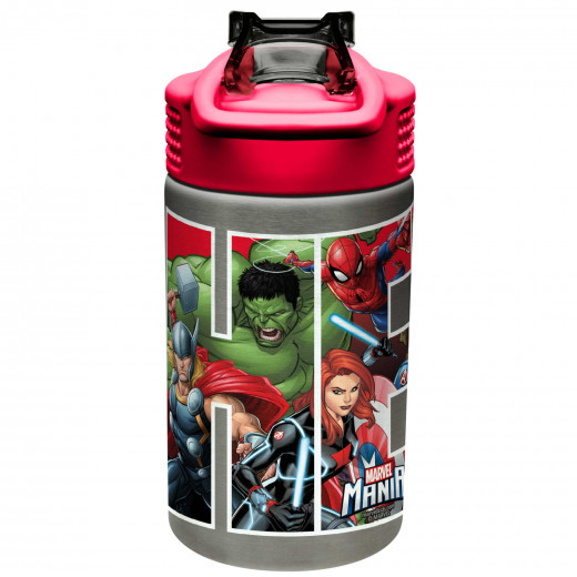 Zak Marvel Stainless Steel Water Bottle for Kids, Black Panther, Captain America, Spider-Man & The Hulk