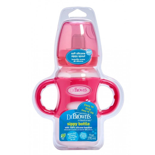 Dr. Brown Options Wide-Neck Sippy Spout Baby Bottle with Handle ,270 Ml Pink