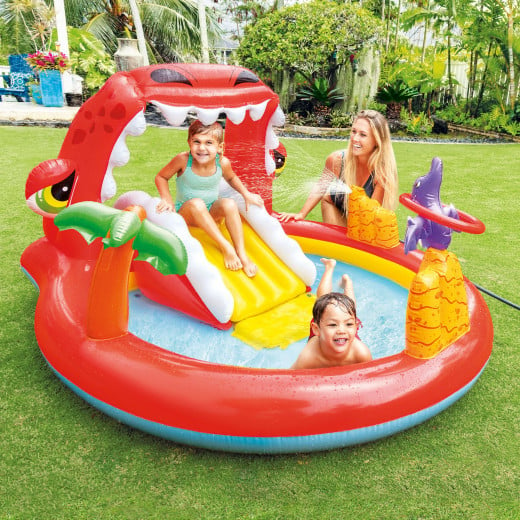 مركز لعب حمام سباحة هابي دينو للأطفال قابل للنفخ مع منزلق من انتكس