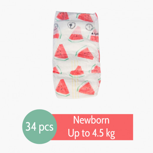 PureBorn - Organic Nappy New Born, Cyrine Limited Edition Print, Up To 4.5 Kg, 34 Nappies, Watermelon