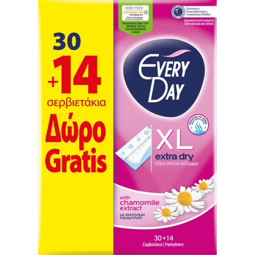 EveryDay Extra Dry Pads Extra Long, 30 pads + 14 Free