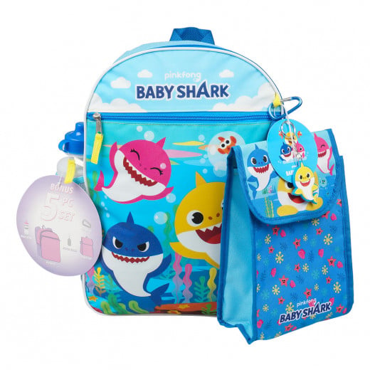 5 Pieces Baby Shark Backpack Set- Blue, 41 cm