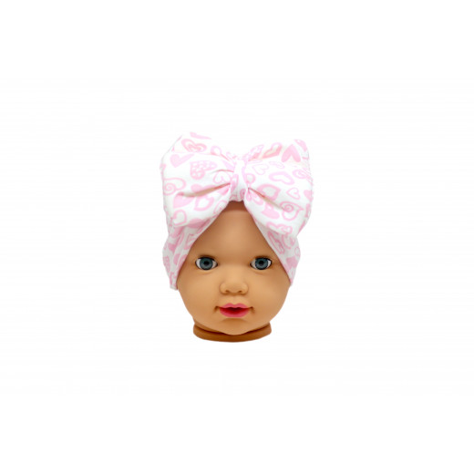 Baby Turban Headband, White with Pink Hearts