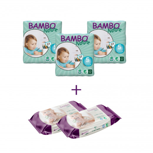 3x Bambo Nature Baby Diapers Classic, Size 5 (12-22Kg), 27 Count + 2x Bambo Nature Wet Wipes 80 count