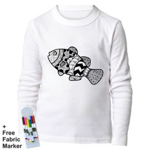 بلوزة ذات أكمام طويلة للتلوين بتصميم صورة سمكة متعددة الألوان للأطفال من ملبس