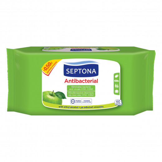 Septona Antibacterial Hand Wipes with Green Apple Scent, 60 pieces