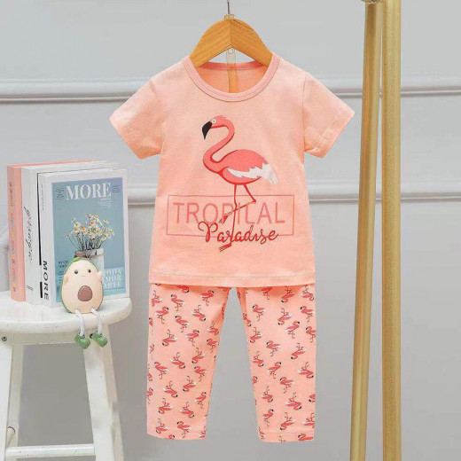 Half Sleeves T-Shirt & Lounge Pants Pajama Set, Flamingo Design, 6/7 سنوات