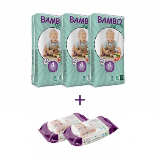 3x Bambo Nature Size 4 (7-18Kg), 60 Count + 2x Bambo Nature Wet Wipes 80 count
