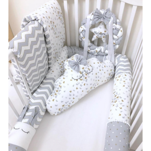 طقم سرير أطفال حديثي الولادة من أنيت ، أبيض ورمادي مع فراشات ذهبية وفضية