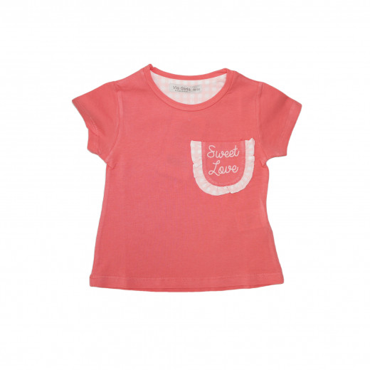 Peach Short Sleeves Girls T-shirt with Sweet Love Design, 9 Months