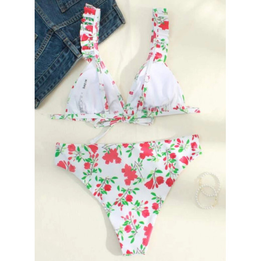 Floral Ruffle Trim Bikini Swimsuit, Size Large