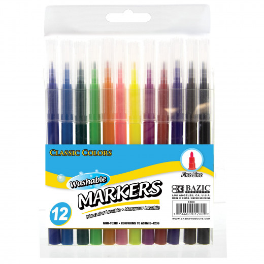  BAZIC Washable Markers Fine Line 24 Color, Thin Tip