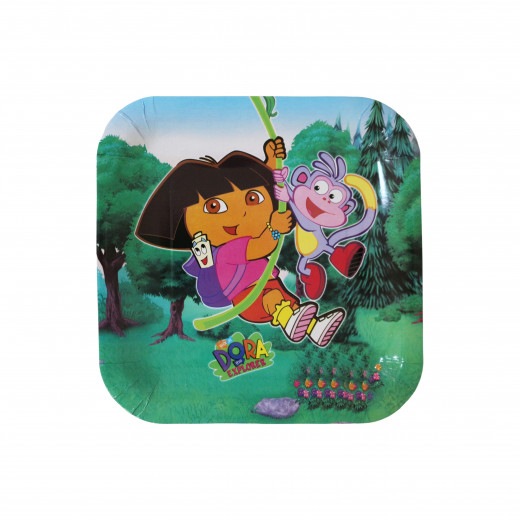 Disposable Square Plates for Kids, Green Dora Design, 10 Pieces