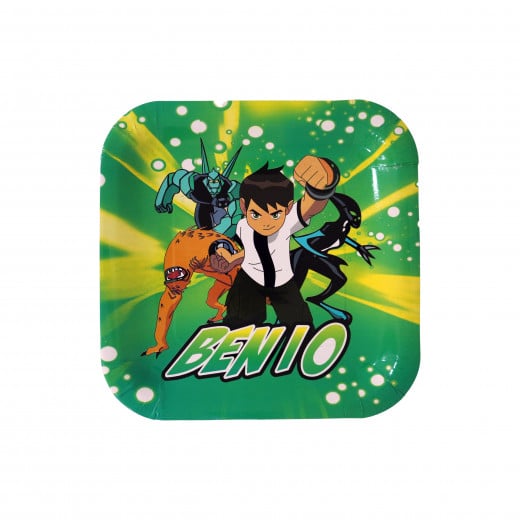 Disposable Square Plates for Kids, Green Ben 10 Design, 10 Pieces