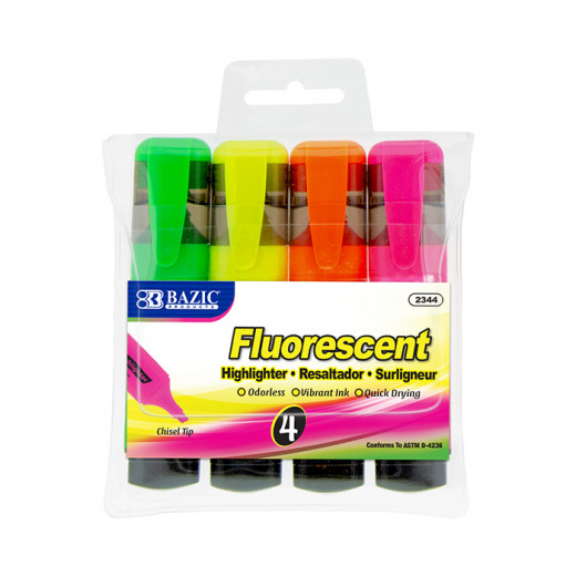 Bazic Fluorescent Highlighters Pocket Clip (4/Pack)
