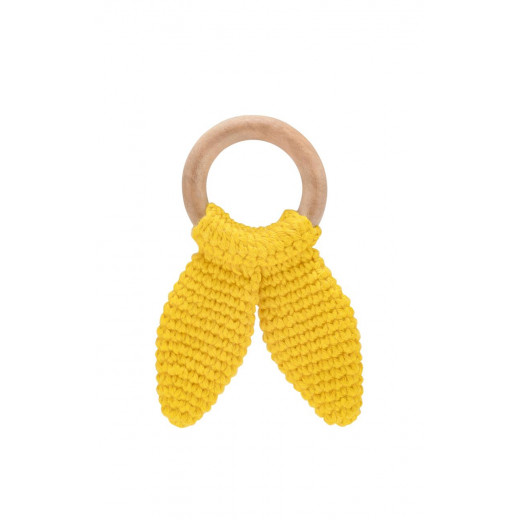 Babyjem knitted cotton & wooden ring teether yellow