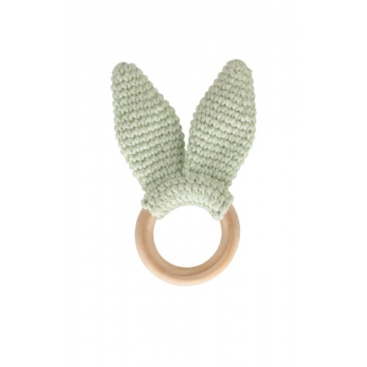 Babyjem knitted cotton & wooden ring teether green