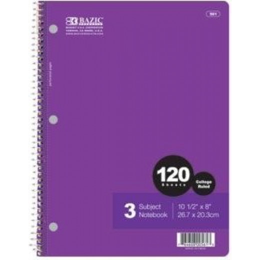 Bazic Subject Spiral Notebook, 120 Count, Assorted