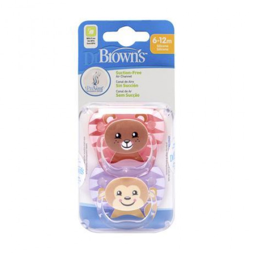 Dr. Brown's Printed Shield Pacifier - Girl Animal Faces (Bear & Monkey), 2-pack