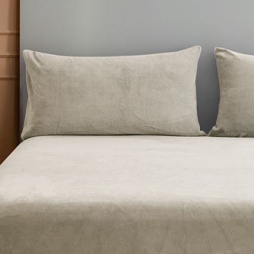 Nova home warm fit winter microfleece fitted sheet set, beige, queen size