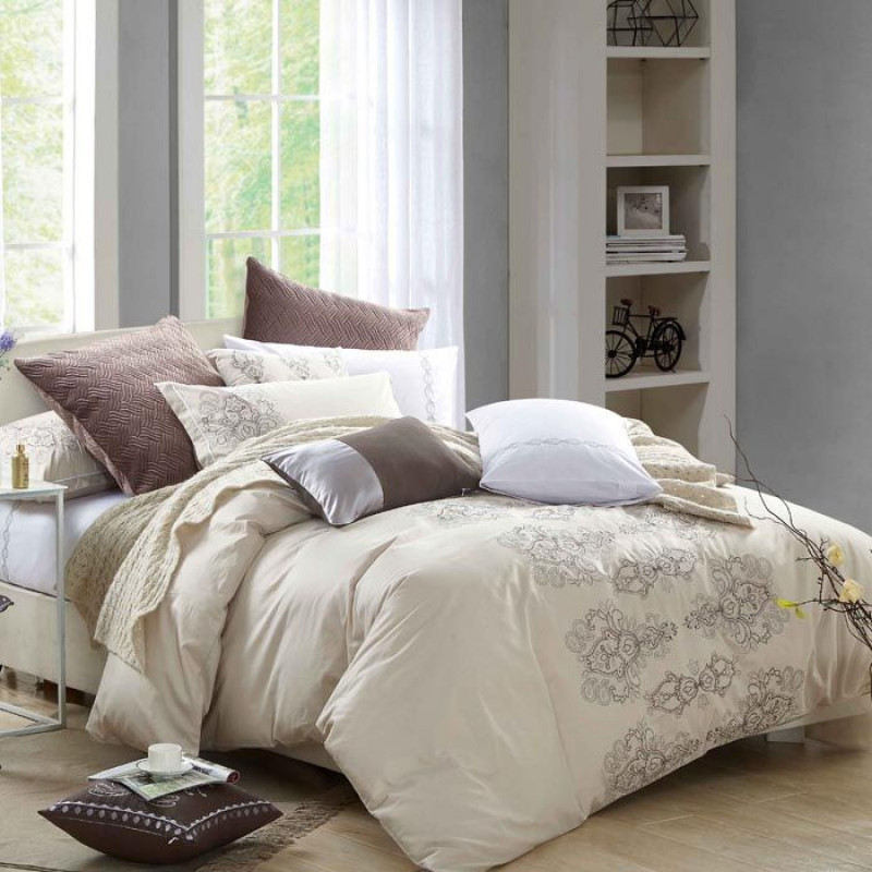 Cotton Duvet Cover Embroidery Bed, Beige Brown Duvet Covers