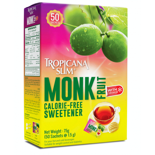 Tropicana Slim Monk Fruit Sweetener With Chromium, 50 Sachets, 1.5 Gram