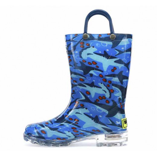 Western Chief Kids Shark Chase Lighted Rain Boot, Blue Color, Size 32