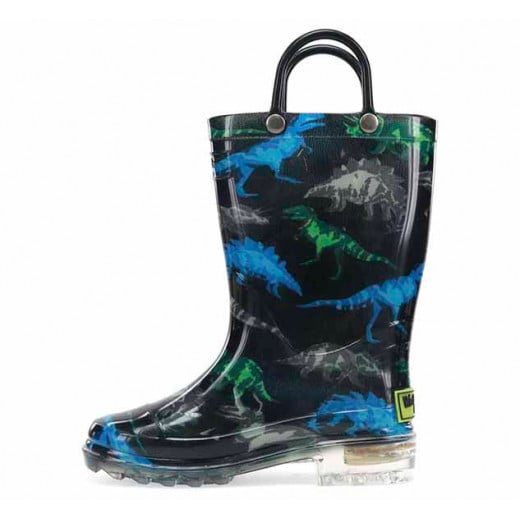 Western Chief Kids Dinosaur Friends Lighted Rain Boot, Black Color, Size 22