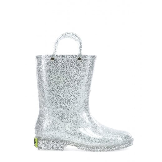 Western Chief Kids Glitter Rain Boots, Silver Color, Size 31