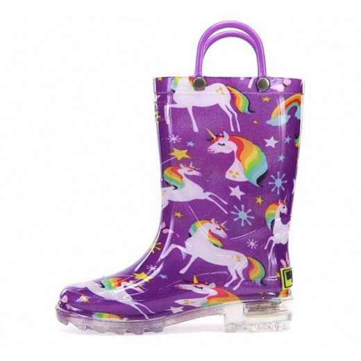 Western Chief Kids Rainbow Unicorn Design Rain Boot, Purple Color, Size 31