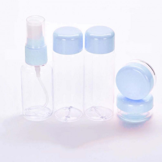 مجموعة زجاجات السفر البلاستيكية، باللون الأزرق الفاتح, 5 قطع
