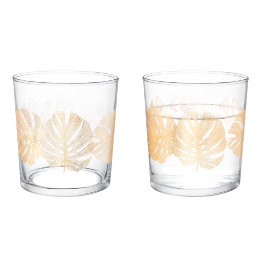Madame Coco Pierretta Golden Leaves Water Glasses, Set of 4 Pieces, 380 Ml