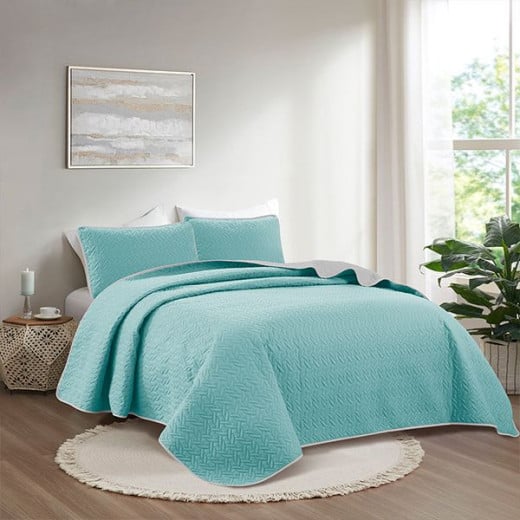 Nova home cross double face bedspread set, turquoise and silver color, king size, 4 pieces 270x250 cm