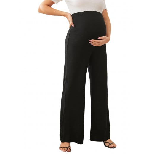 Maternity Wide Leg Solid Pants, Black Color