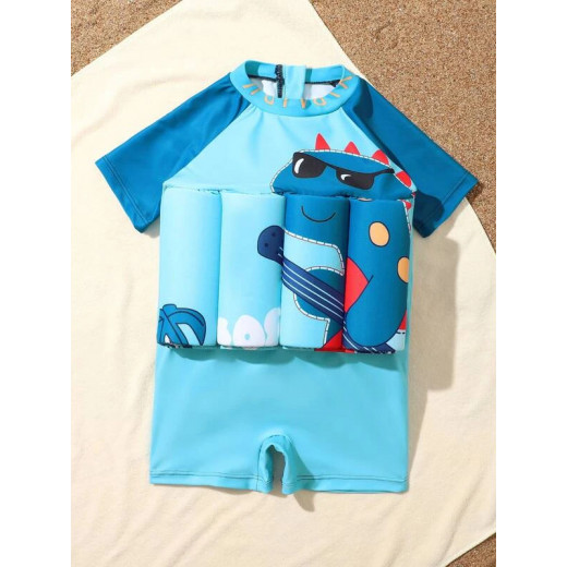 ملابس سباحة للطوف على الماء للأولاد, قطعة واحدة، بتصميم الديناصور, باللون الأزرق