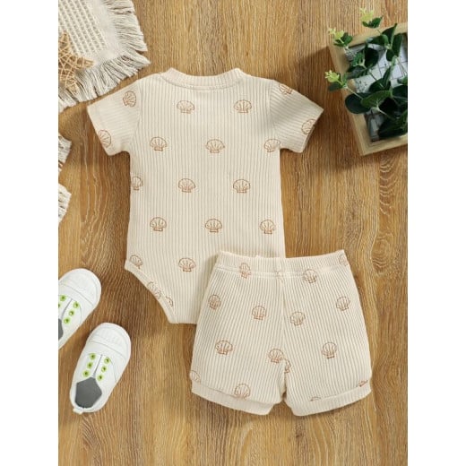 Baby Bodysuit and Bow Front Shorts, Shells Print, Beige Color