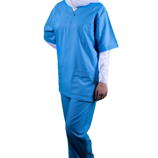 زي طبي وملابس تمريض نسائية, بأكمام قصيرة, باللون الأزرق الفاتح