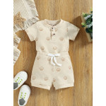 Baby Bodysuit and Bow Front Shorts, Shells Print, Beige Color