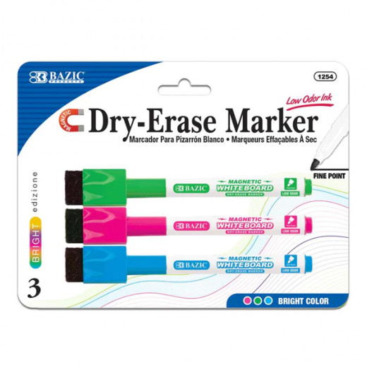 Bazic Magnetic Dry Erase Markers, Bright Color, 3Pack