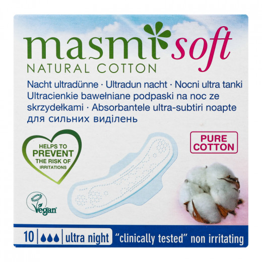 Masmi Soft Ultrathin Night Pads With Wings, Organic Cotton, 10 Pieces