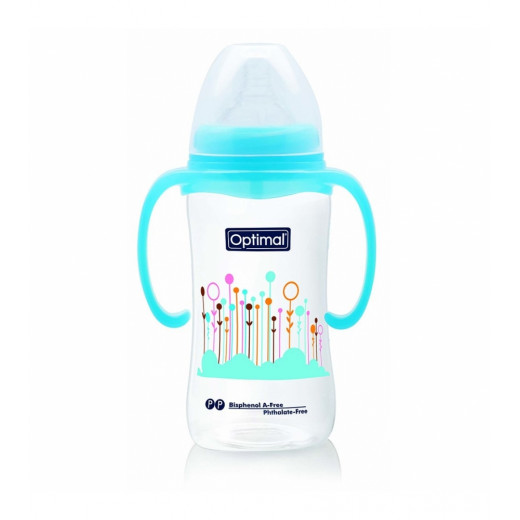 Optimal Wide Neck Baby Bottle With Handle, Blue Color, 300 ML