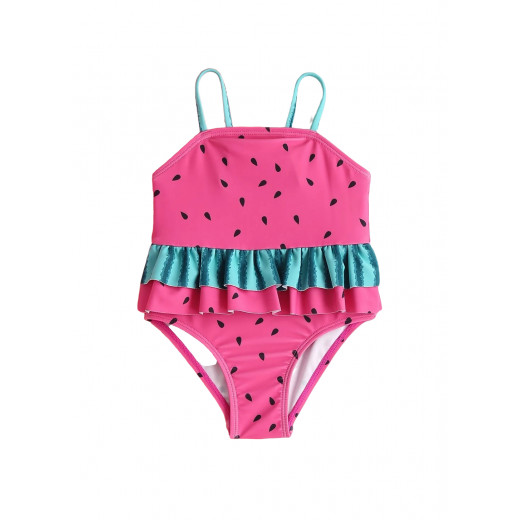 Baby Girl One Piece Swimsuit, Watermelon Print Ruffle Hem, Pink Color ...