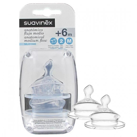 Suavinex Physiological Silicone Teat Wide Neck Medium Flow, 6 Months+
