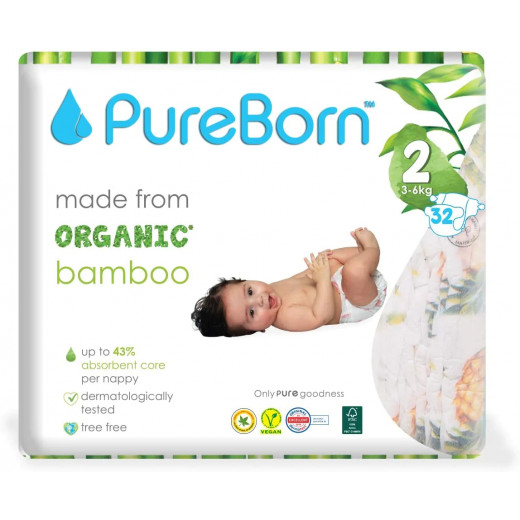 Pure Born Organic Nappies Single Pack, Pineapple Design, Size 2, 3-6 Kg, 32 Pieces