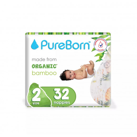Pure Born Organic Nappies Single Pack, Tropic Design, Size 2, 3-6 Kg, 32 Pieces