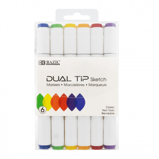 Bazic Dual Tip Sketch Markers 6 Primary Colors