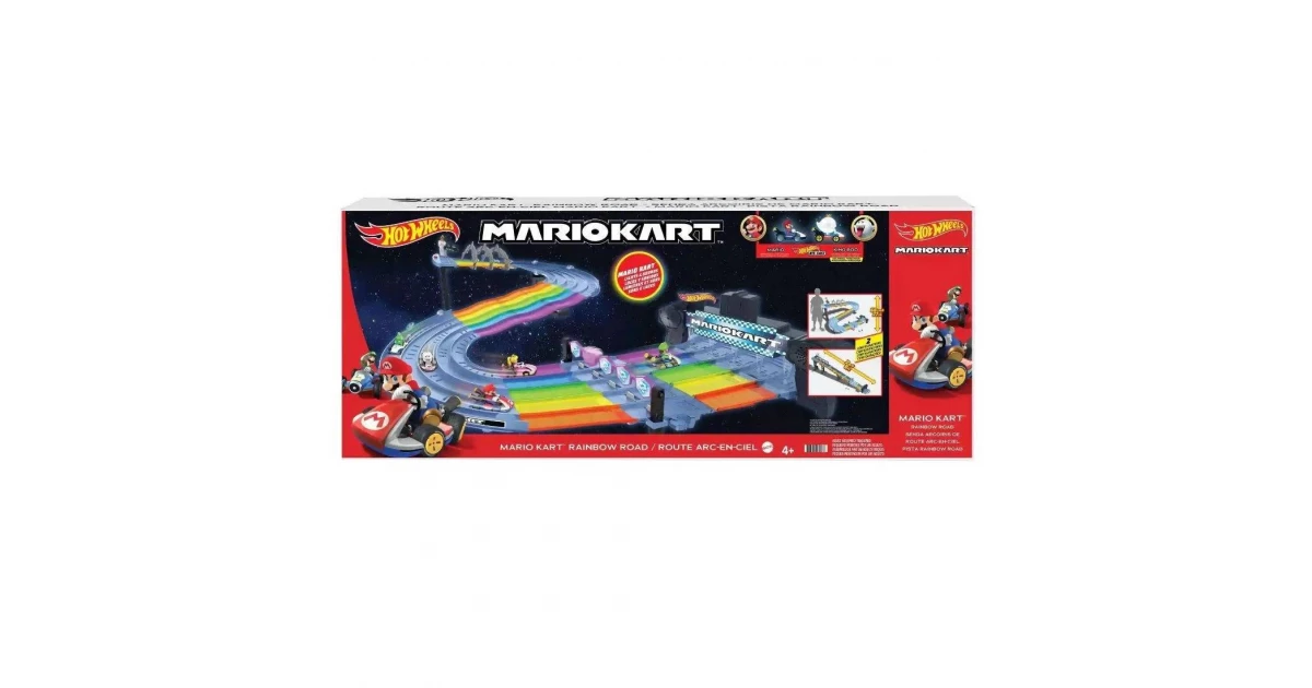 Hot Wheels Mario Kart Rainbow Road 2024 Raceway Set with 2 1:64 Scale Vehicles